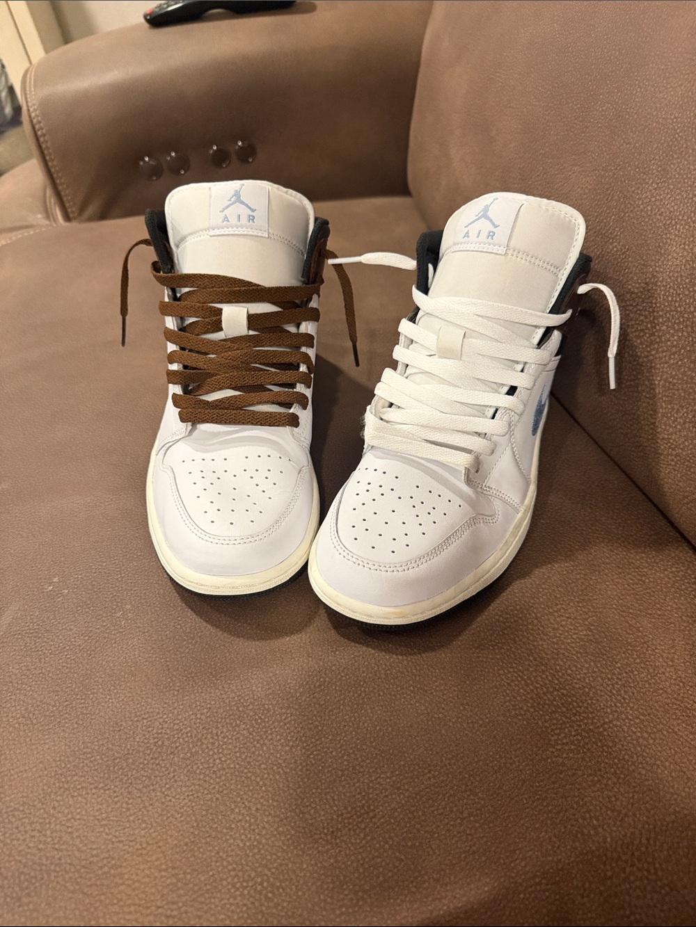 Jordan Mid Sneakers in White, Brown and Light Blue - Picture 2 of 9